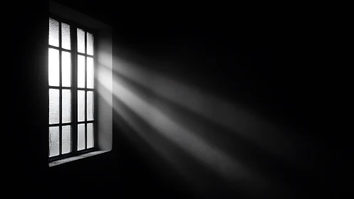 Monochrome window casting sharp light beams into darkness.