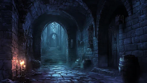 Gothic stone crypt corridor recedes toward misted stairway