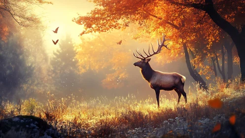 Majestic stag standing in glowing autumn forest light.