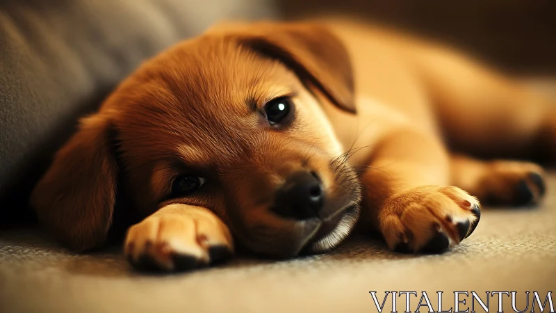 Sleepy brown puppy rests softly with warm, soulful eyes