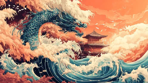 Sea dragon coils through towering waves before storm-lit temple