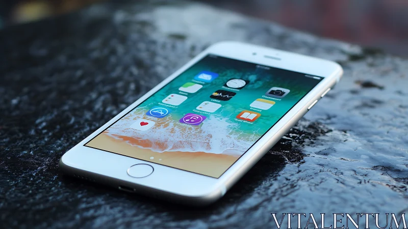 White iPhone Displaying iOS Home Screen on Textured Surface