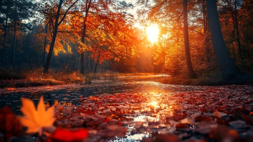 Autumn forest stream with sunset light reflecting on water.