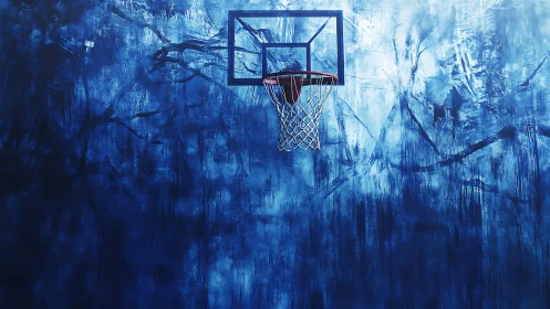 Midnight court dreamscape with a lone, waiting basketball hoop.