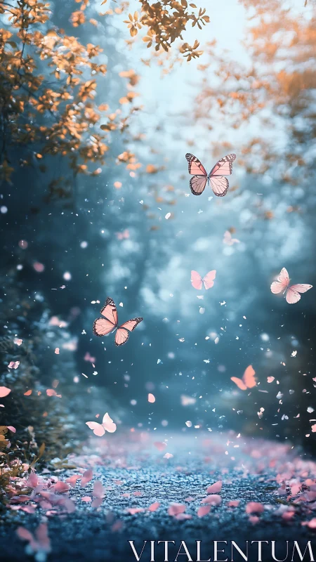 Butterflies and petals above shaded forest pathway scene.