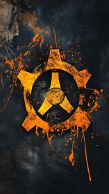 Industrial hazard emblem appears on distressed dark surface