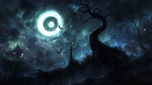 Moonlit spiral portal above twisted haunted hillside night.