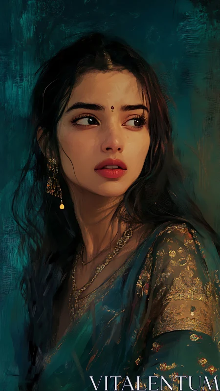 Gaze Beyond Midnight: South Asian portrait in teal light.