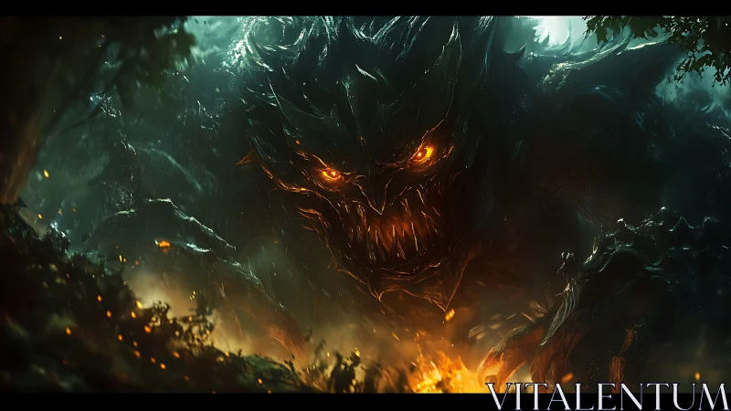 Colossal ember-eyed forest demon emerging through wildfire glow