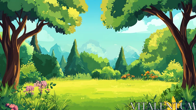 Sunlit Forest Valley Landscape with Mountains and Wildflowers.