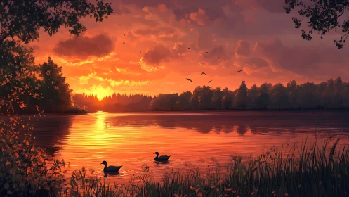 Sunset turns the quiet lake into a molten copper lullaby