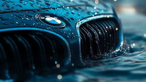 BMW front grille closeup with flowing water detail.