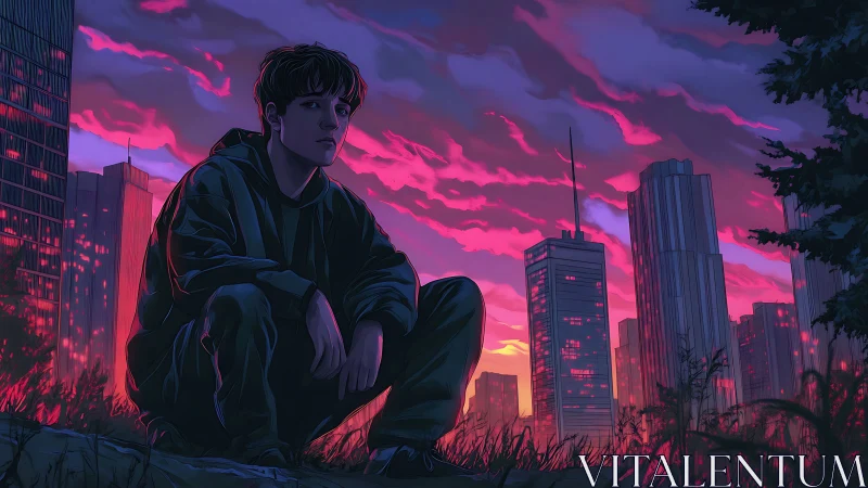 Twilight-drenched city cradles a lone thinker on the hill
