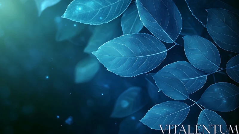 Gentle blue leaves glow softly in a dreamy night garden