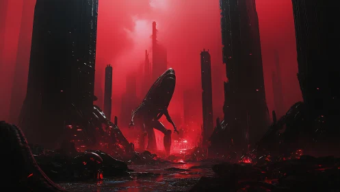 Crimson alien city and quiet lone wanderer in the glow.