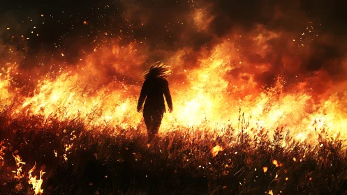 Solitary Figure Walks Through Inferno Field.