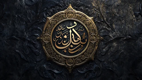 Ornate gold Arabic calligraphy medallion on dark relief wall.
