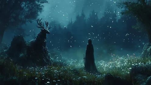 Nocturnal forest encounter with stag spirit and cloaked wanderer.