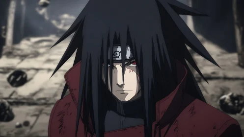 Stoic red-eyed warrior in ruined battlefield anime scene.