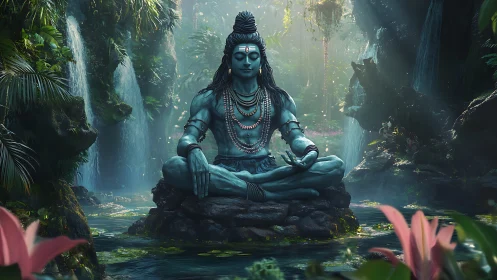 Serene blue deity meditates amid misty jungle waterfalls.