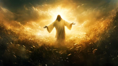 Radiant robed figure in golden backlit celestial meadow.