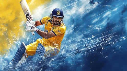 Explosive cricket batsman in yellow amid dynamic blue burst.