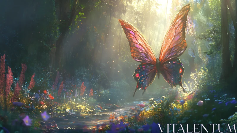 Iridescent butterfly hovering over sunlit forest stream.