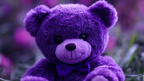 High-saturation purple plush bear under shallow depth-of-field bokeh