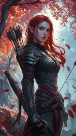 Red haired elf archer stands in autumn forest in armor