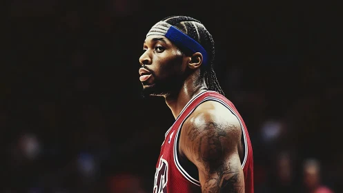 Basketball player in red jersey under arena lights.