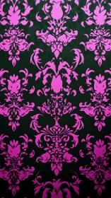 Pink ornamental damask pattern on dark green background.