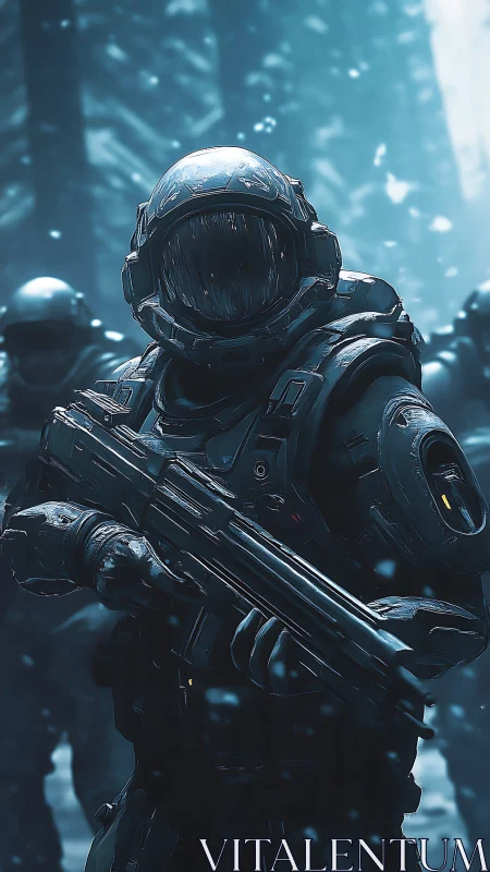 Armored space trooper advancing through frozen forest ambush.