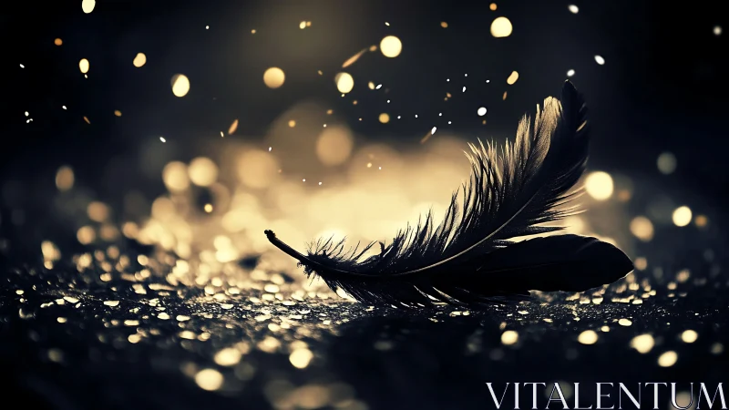 Solitary feather resting in glowing golden bokeh nightscape.