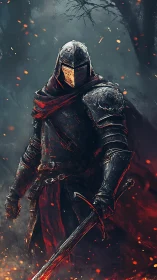 Armored dark knight with flaming sword in ember storm