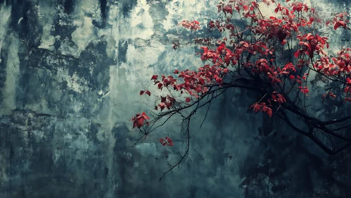 Red Leaves Branch Against Weathered Concrete Wall, Moody Minimalism.