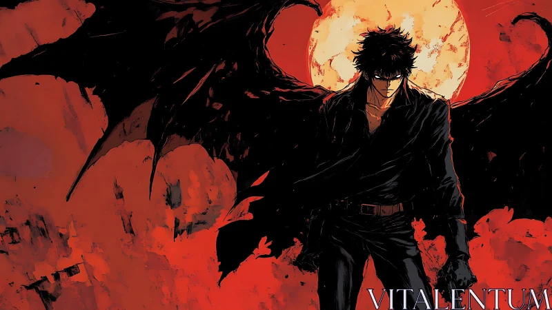 Brooding winged antihero strides before a bloodred moon.