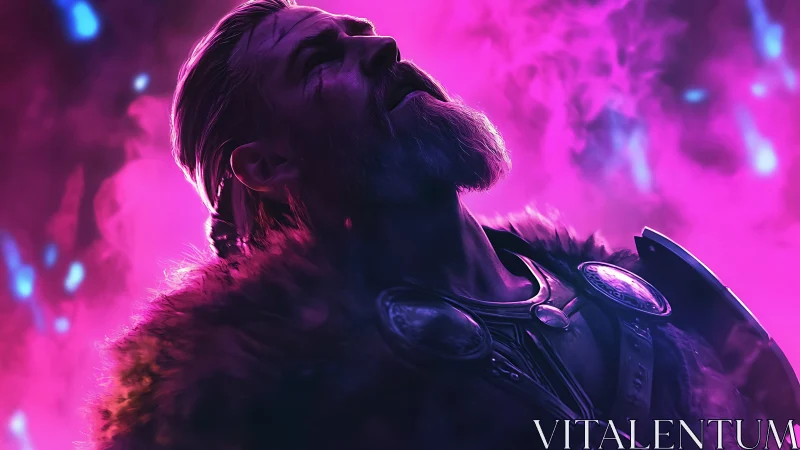 Stoic warrior bathed in glowing violet battlelight.