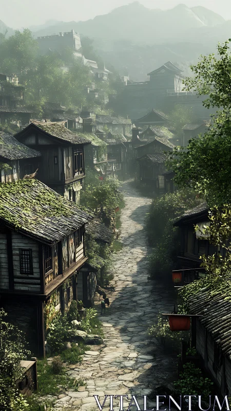 Old stone street in dense traditional hillside village.