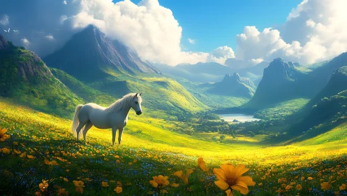 Gentle white horse in a sunlit valley of wildflower dreams.