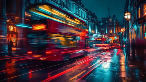 Nocturnal London buses in neon motion blur on wet streets.