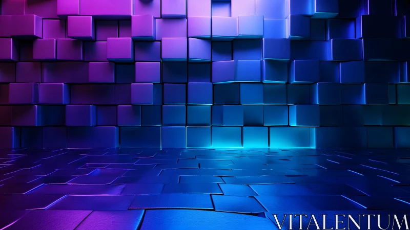 Futuristic 3D Cubes Wall with Neon Purple and Blue Lighting.