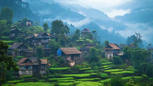 Misty hillside village leans into layers of blue-green dawn