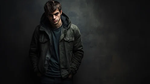 Moody young man stands in dark studio with hooded jacket