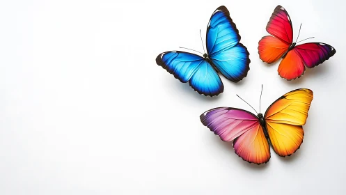 Chromatic winged trio drifting across quiet white sky.