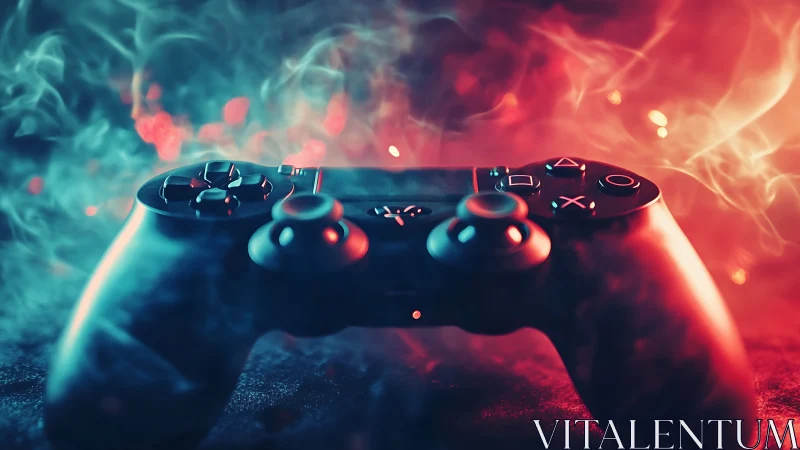 Gaming controller in neon smoke with dramatic bokeh lighting.