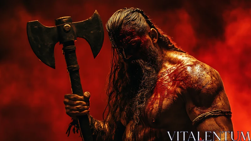 Fierce warrior bathed in firelight and battle shadows.