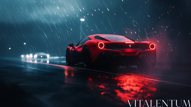 Red supercar accelerates through cinematic neon rainfall.