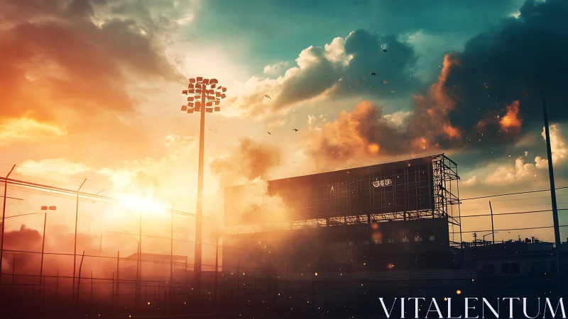 Sunlit urban stadium silhouette under dramatic sunset sky.