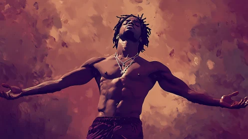 Muscular man stands arms wide against warm abstract sky