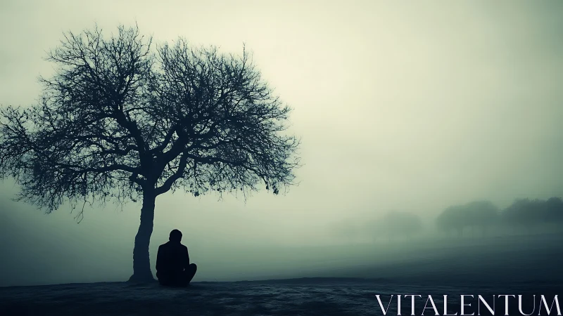 Silhouette of person under bare tree in dense winter fog